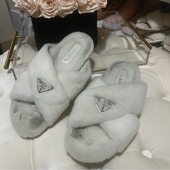 Prada White Shearling Criss Cross Sandals